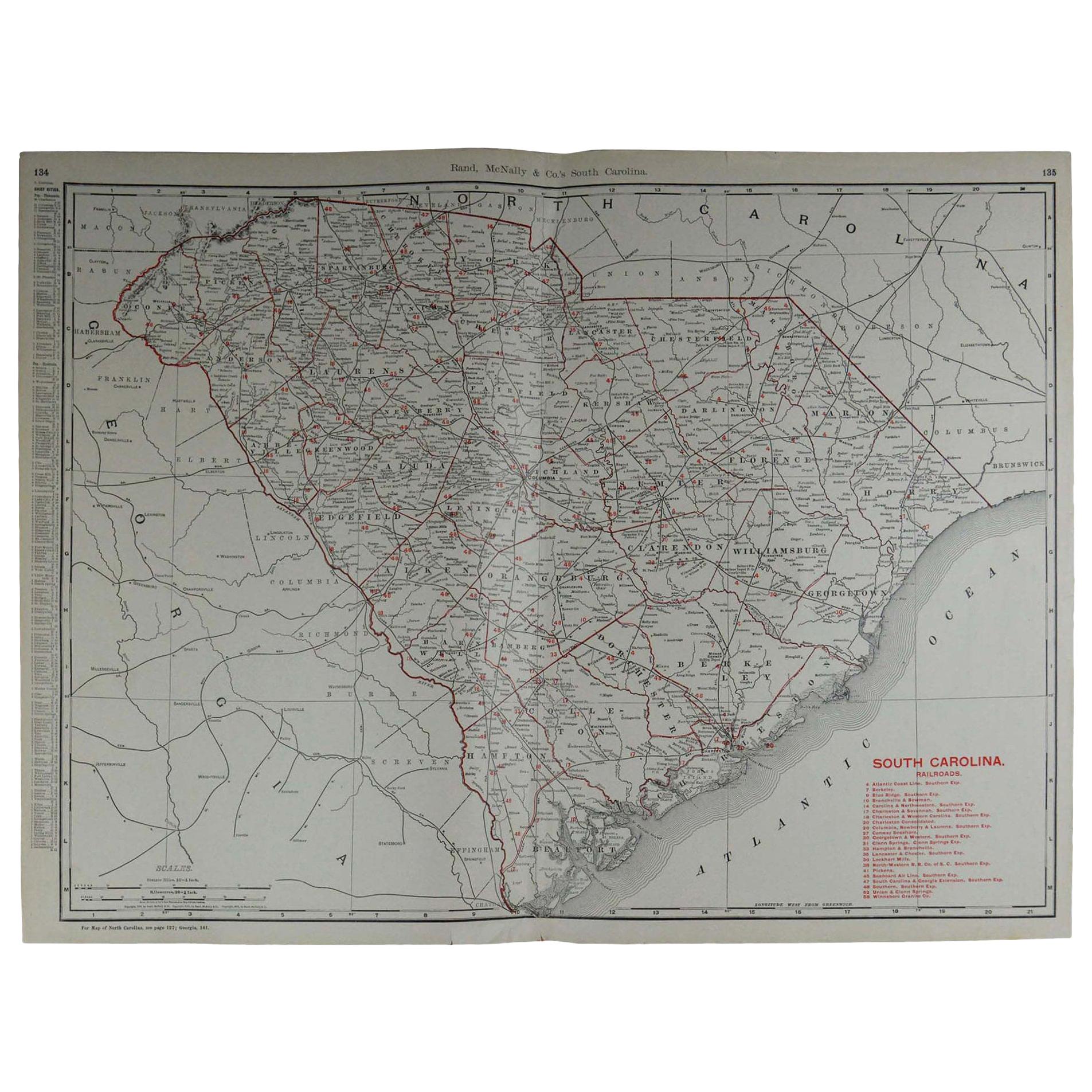 Large Original Antique Map of South Carolina by Rand McNally, circa 1900