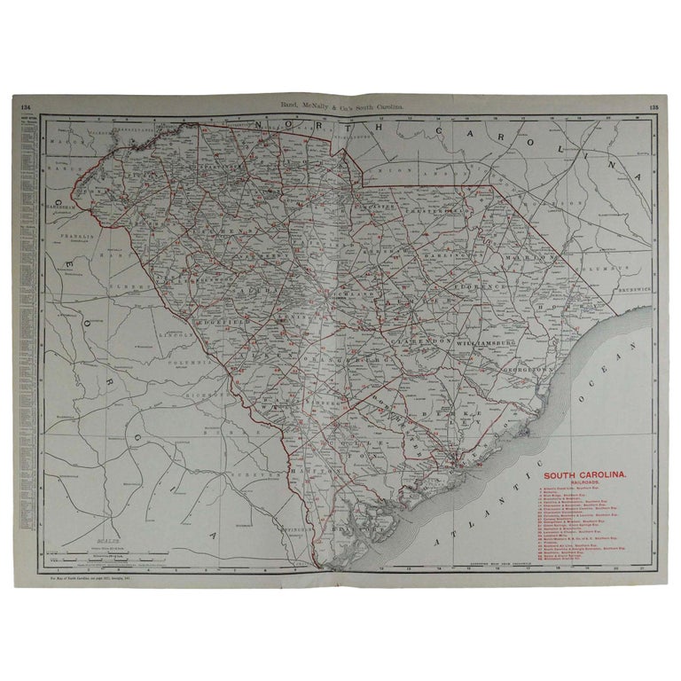 Large Original Antique Map of South Carolina by Rand McNally, circa ...