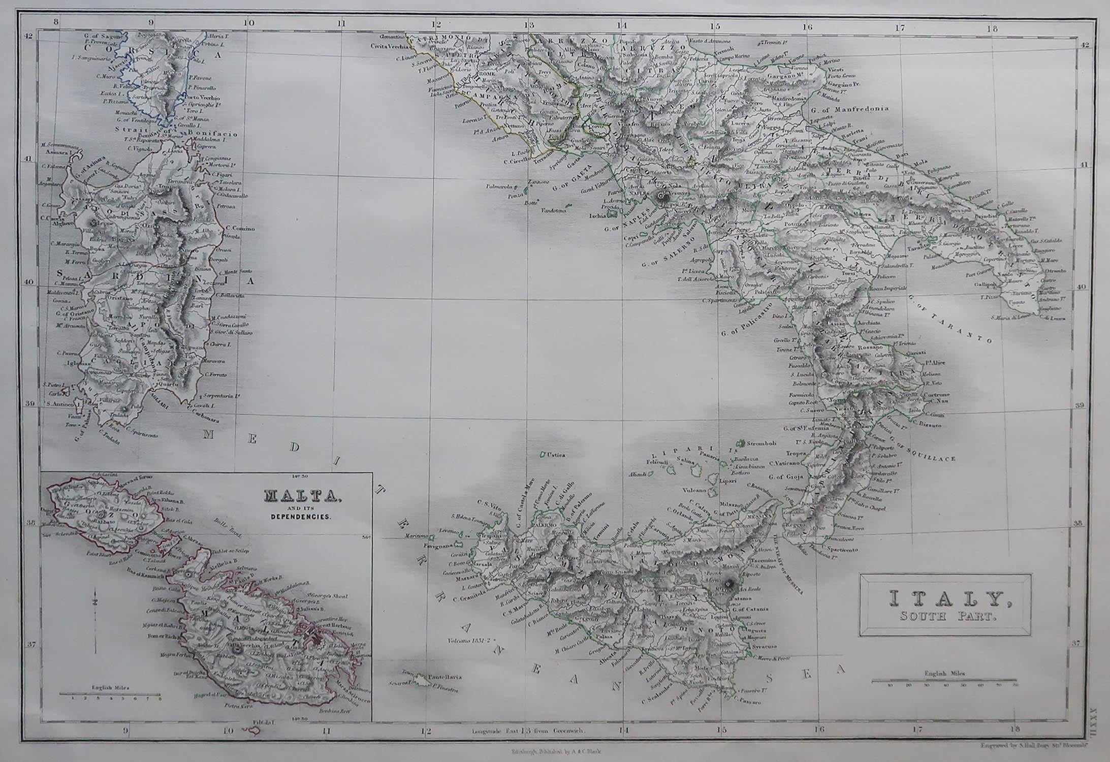 Great map of South Italy and Malta

Drawn by Sidney Hall

Steel engraving by G.Aikman

Original color outline

Published by A & C Black. 1847

Unframed

Free shipping.

