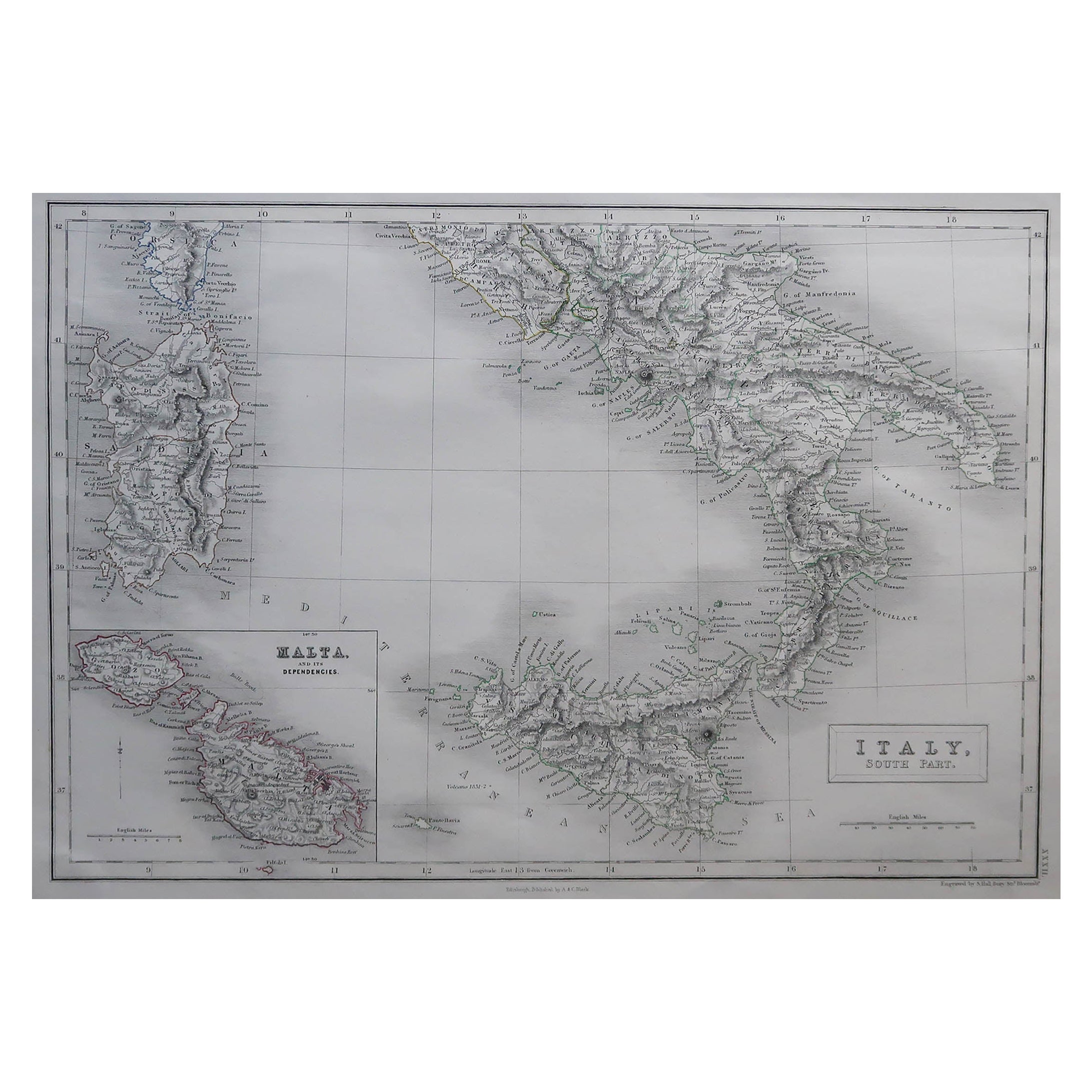 Grande carte ancienne originale d'Italie du Sud et de Malte par Sidney Hall, 1847 en vente