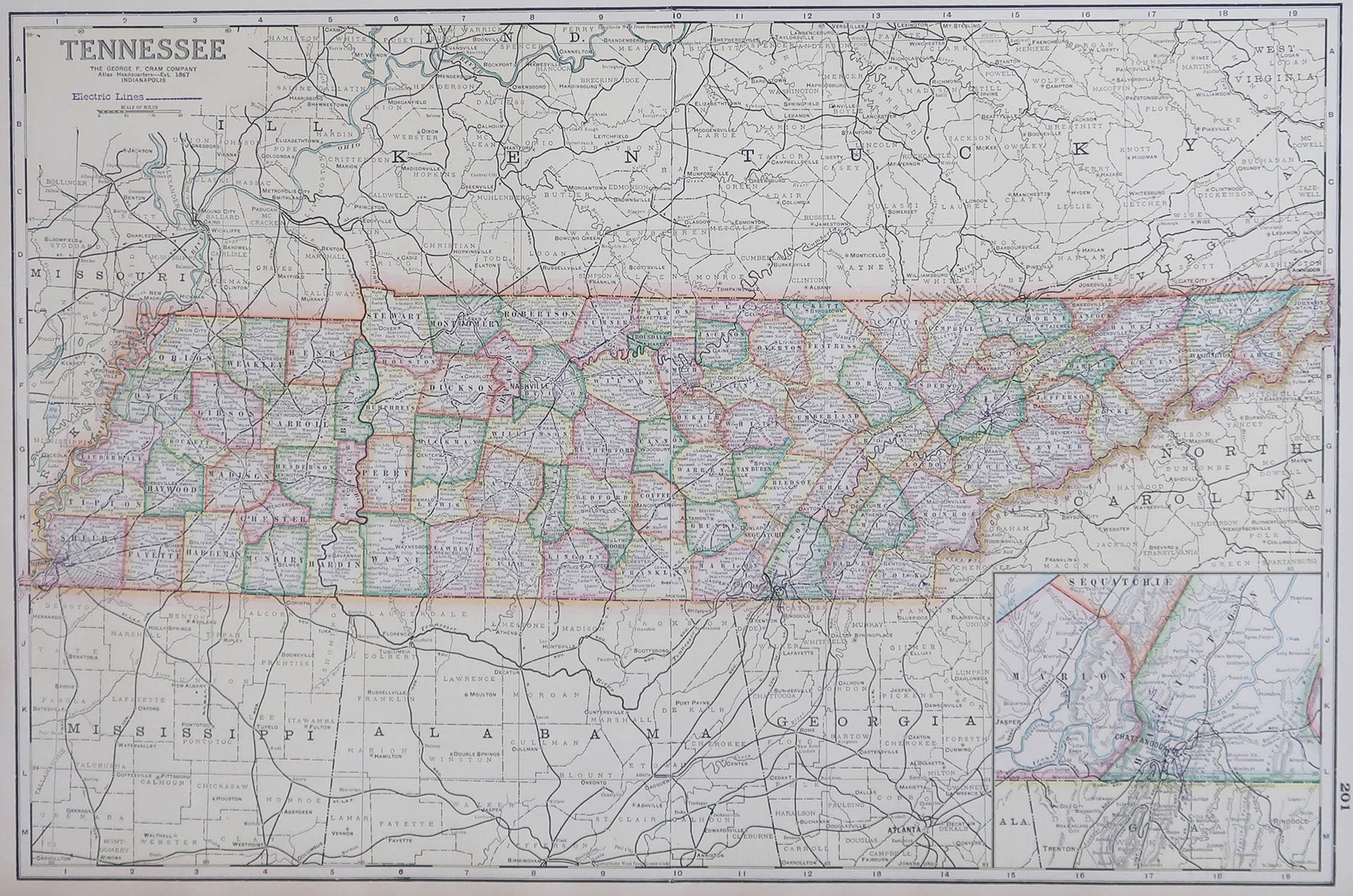 Fabulous map of Tennessee

Original color

Engraved and printed by the George F. Cram Company, Indianapolis.

Published, circa 1900

Unframed.


