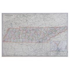 Large Original Antique Map of Tennessee, USA, circa 1900
