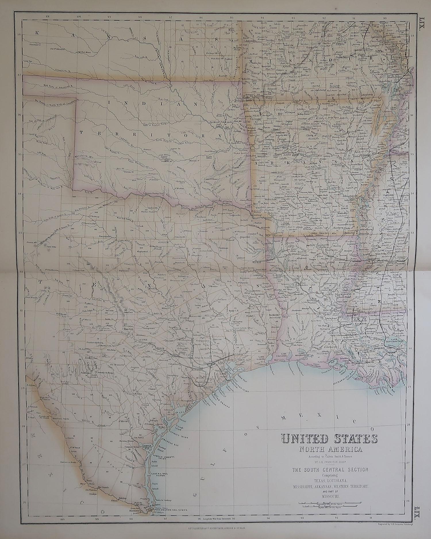 Great map of Texas. Also showing Indian Territory, Arkansas, Louisiana etc

From the celebrated Royal Illustrated Atlas

Lithograph by Swanston. Original color. 

Published by Fullarton, Edinburgh. C.1870