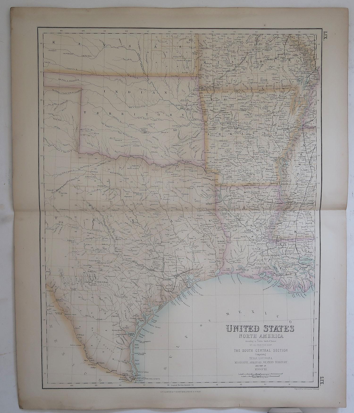 Scottish Large Original Antique Map of Texas, United States &c. Fullarton, C.1870
