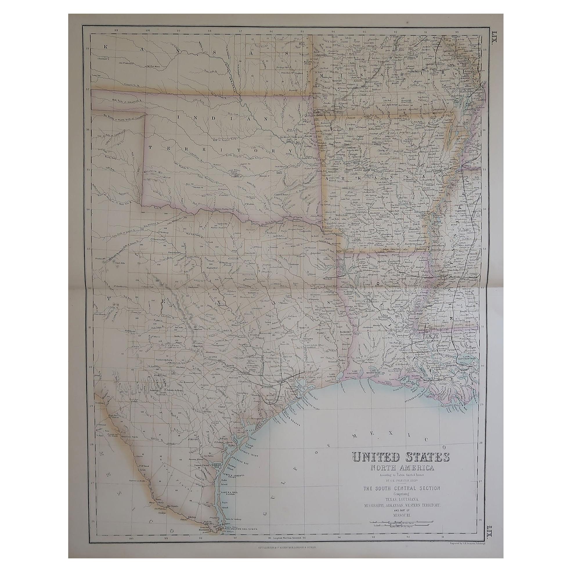 Large Original Antique Map of Texas, United States &c. Fullarton, C.1870