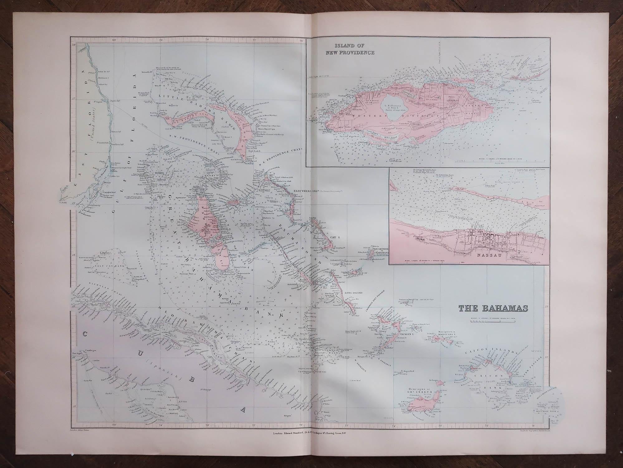 Superb Antique map of The Bahamas

Published Edward Stanford, Charing Cross, London 1894

Original colour

Good condition

Unframed.

Free shipping









