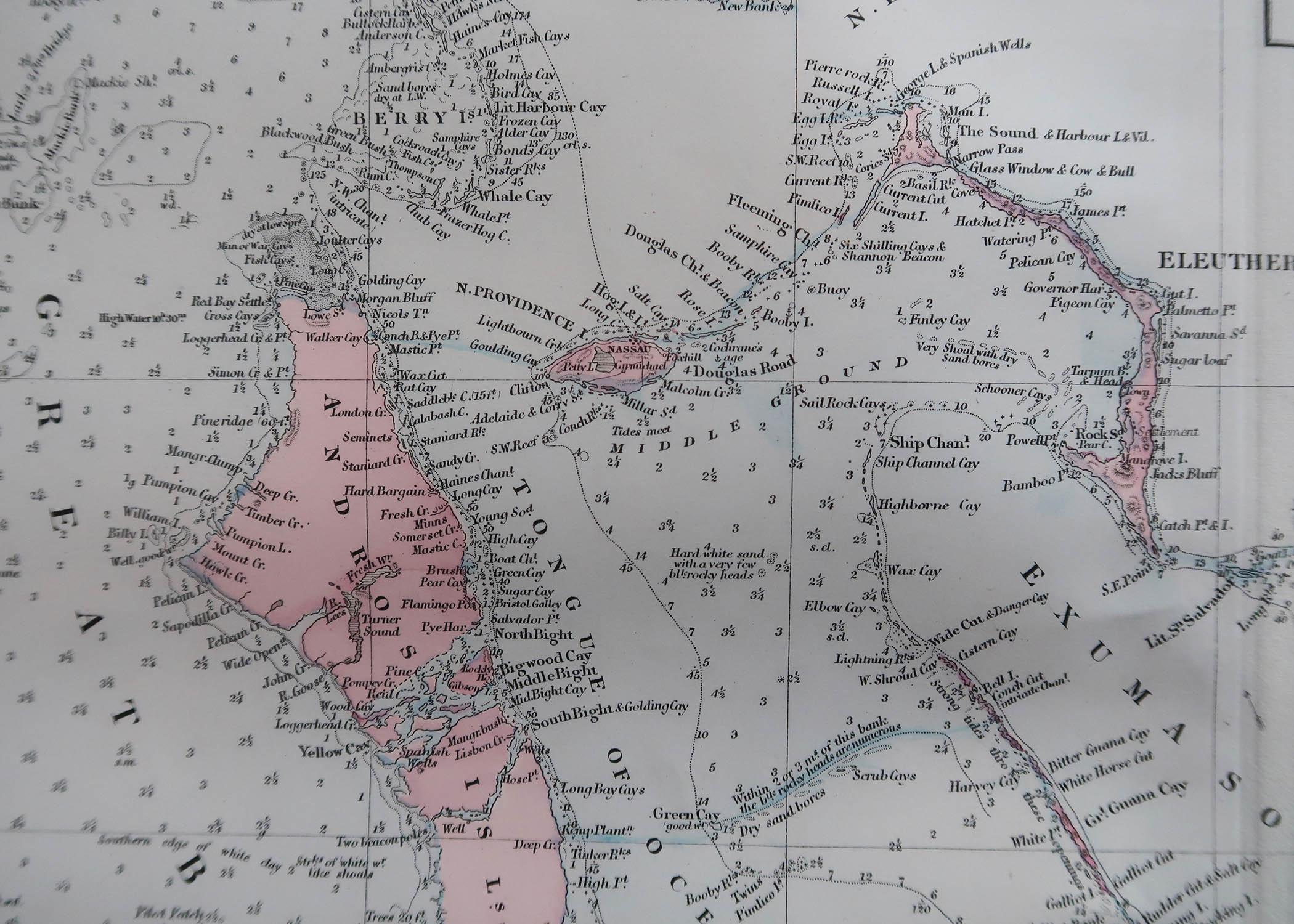 English Large Original Antique Map of The Bahamas. 1894 For Sale