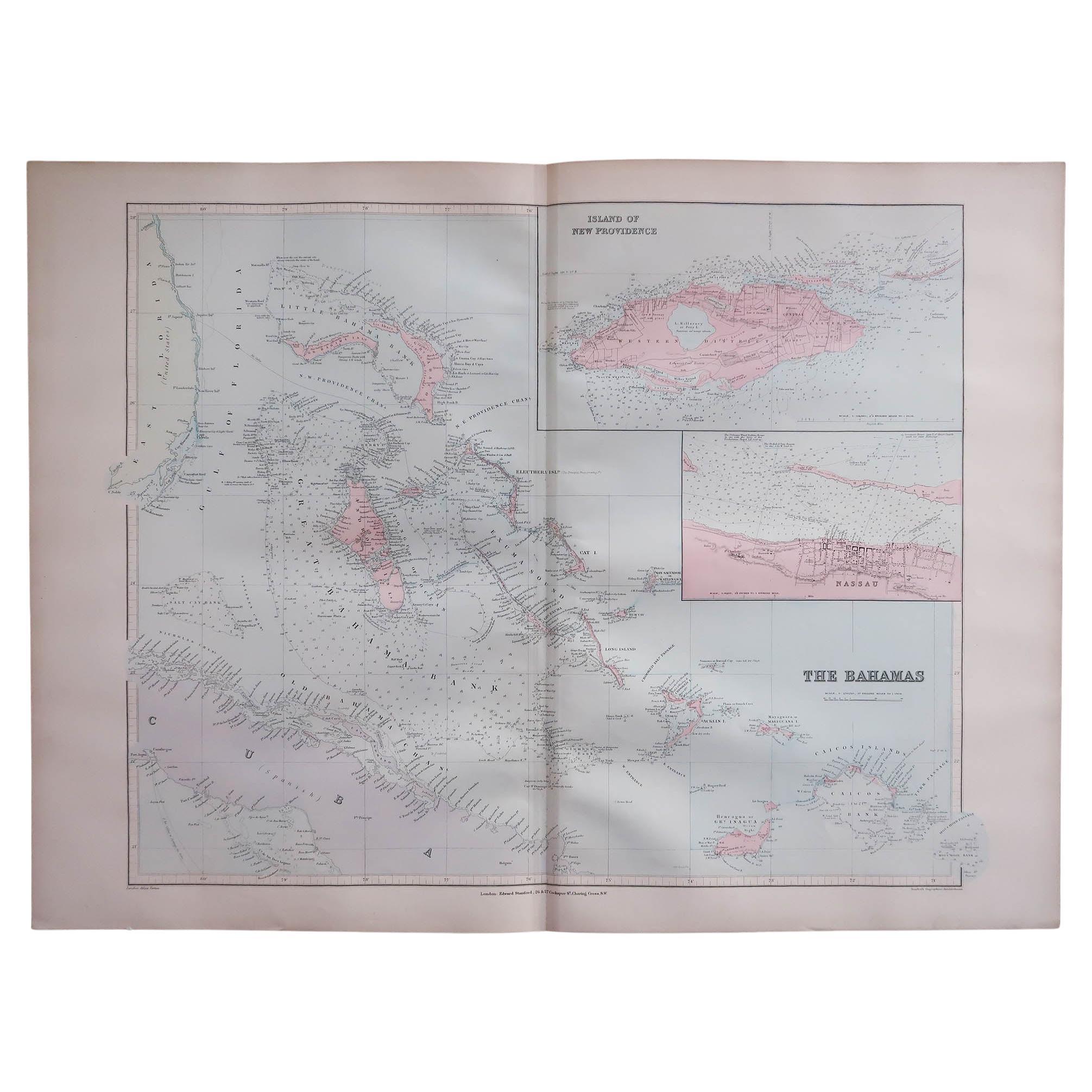 Large Original Antique Map of The Bahamas. 1894