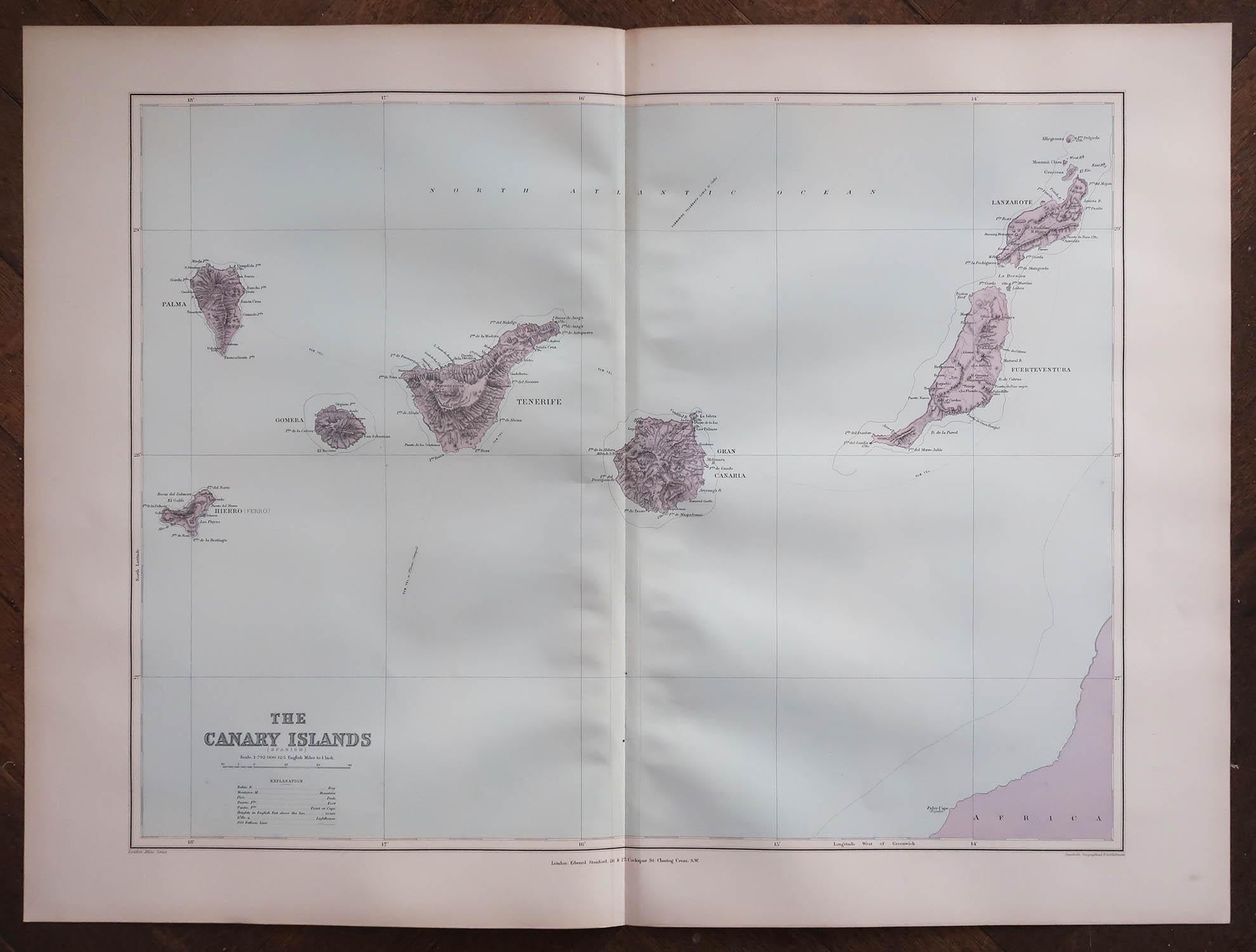 Superbe carte ancienne des îles Canaries

Publié par Edward Stanford, Charing Cross, Londres 1894

Couleur originale

Bon état

Sans cadre.

Expédition gratuite








