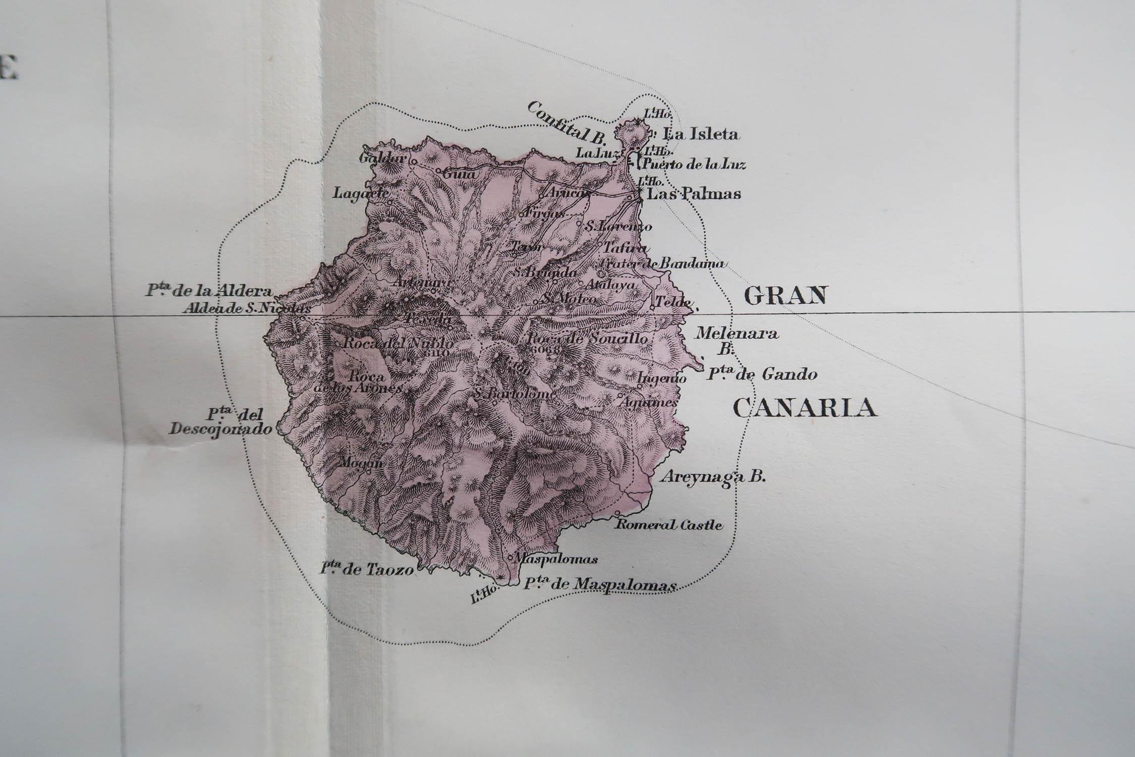 Anglais Grande carte ancienne originale des îles canariennes, 1894 en vente