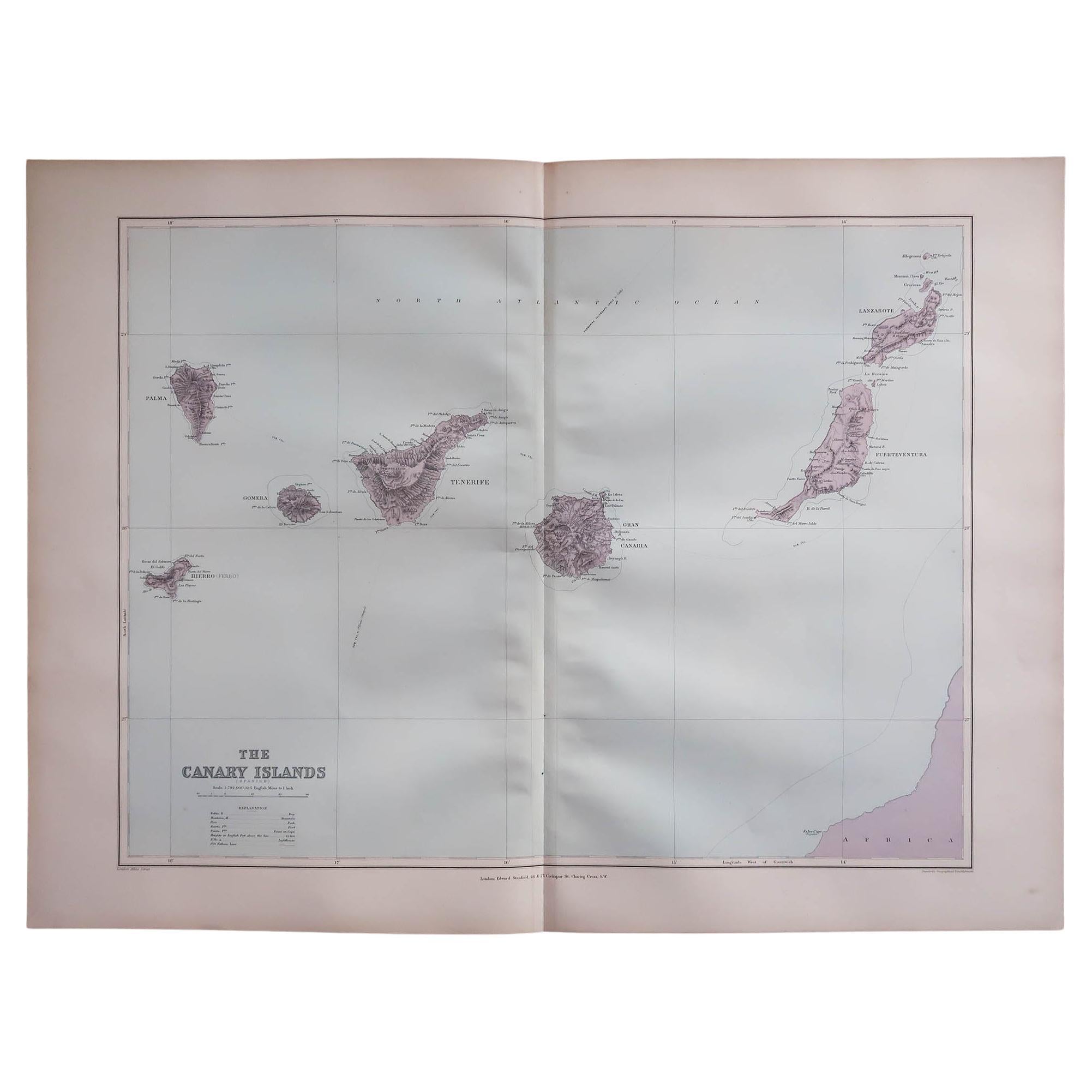 Large Original Antique Map of The Canary Islands. 1894