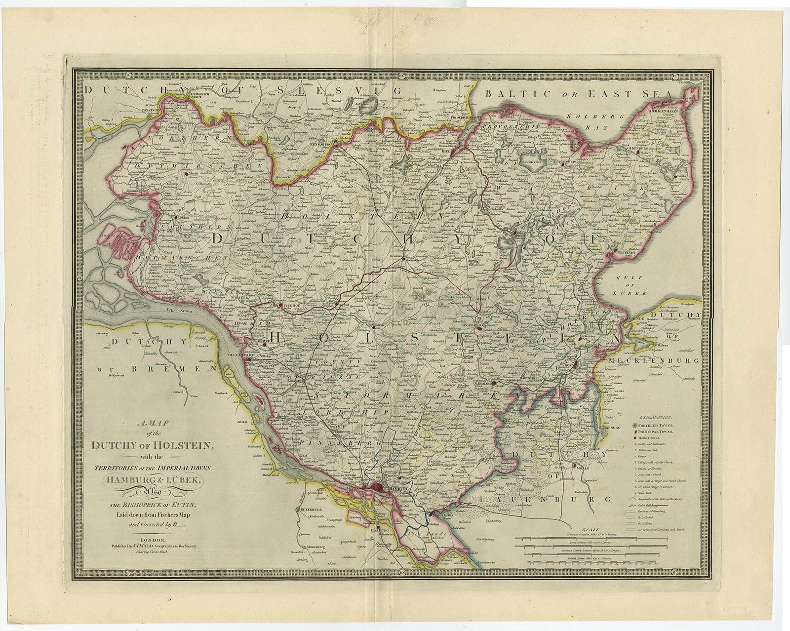 Antique map titled 'A Map of the Dutchy of Holstein, with the Territories of the Imperial Towns Hamburg & Lubek, Also The Bishoprick of Eutin, Laid down from Fischer's Map (..)'. Scarce regional map of Northern Germany, focused on the Duchy of