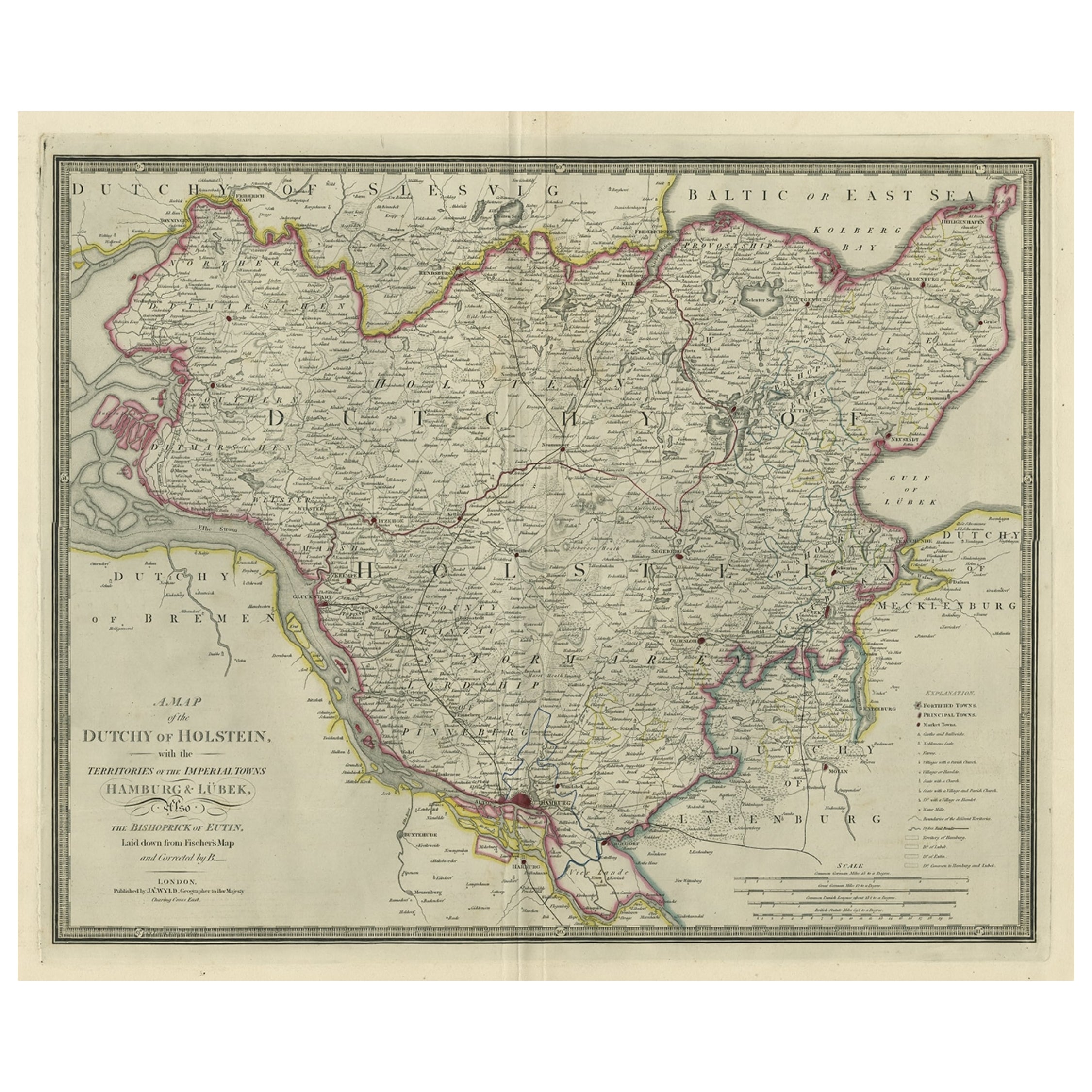 Gran Mapa Antiguo Original de los Países Bajos de Holstein, Alemania, ca.1840