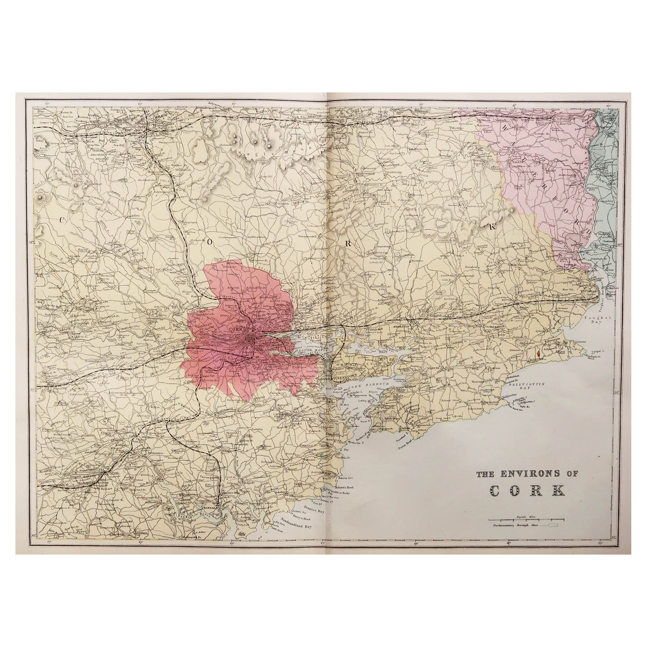 Large Original Antique Map of the Environs of Cork, Ireland, circa 1880
