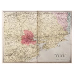 Large Original Antique Map of the Environs of Cork, Ireland, circa 1880