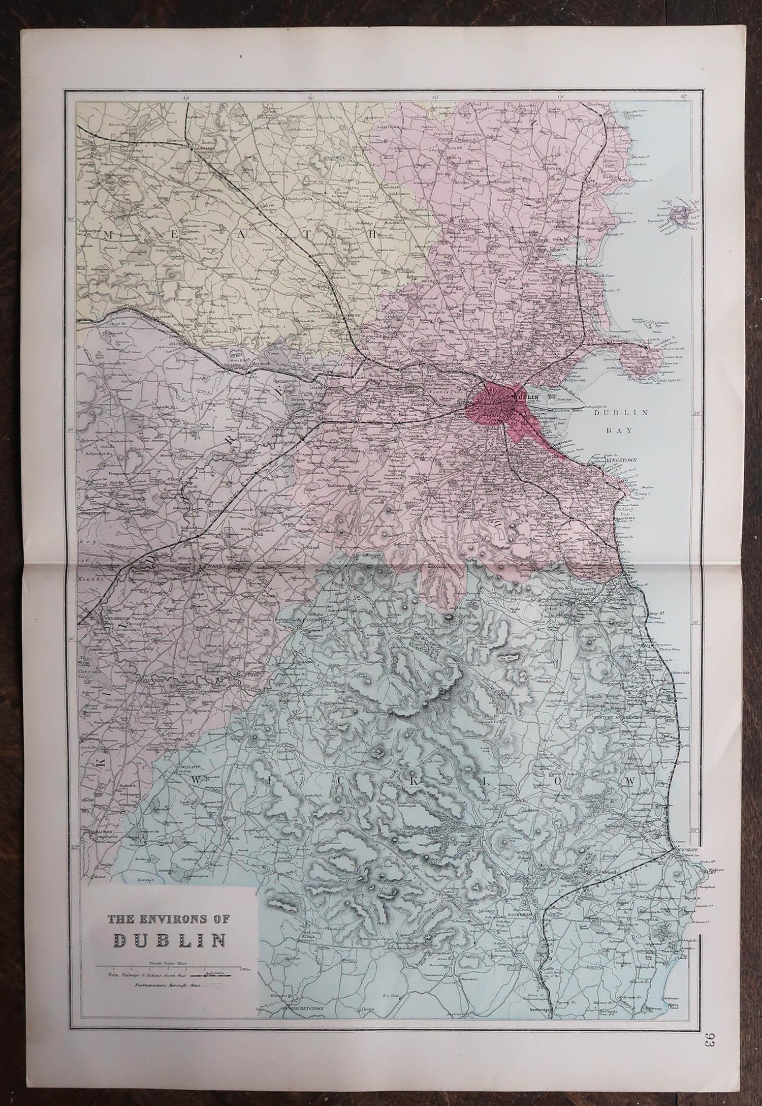 Scottish Large Original Antique Map of The Environs of Dublin, Ireland, circa 1880 For Sale