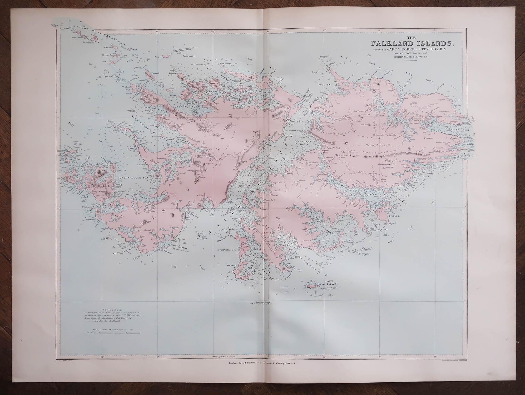 Superb Antique map of The Falkland Islands

Published Edward Stanford, Charing Cross, London 1894

Original colour

Good condition

Unframed.

Free shipping








