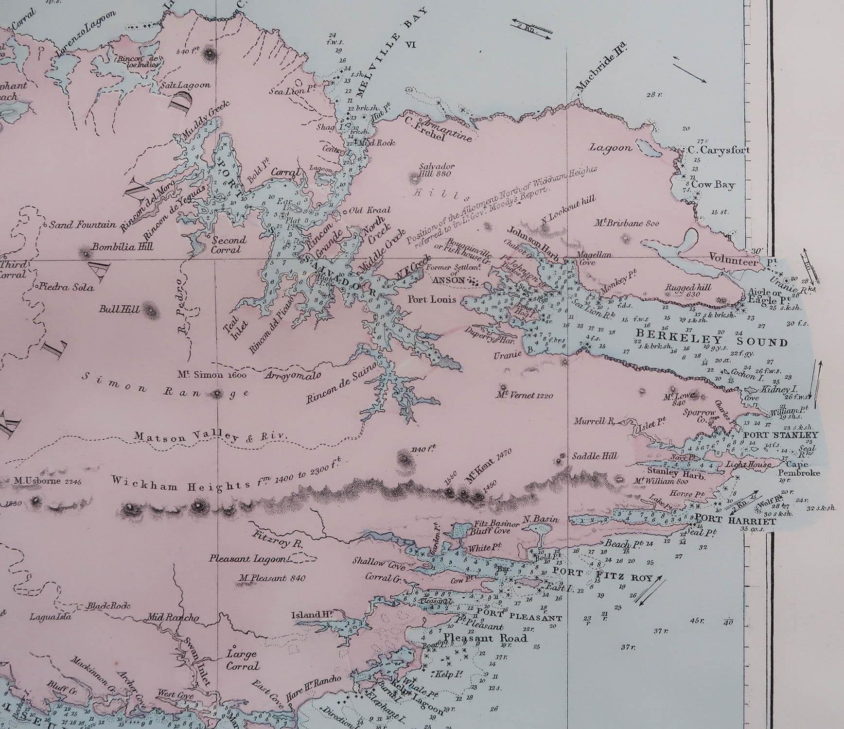English Large Original Antique Map of The Falkland Islands. 1894 For Sale
