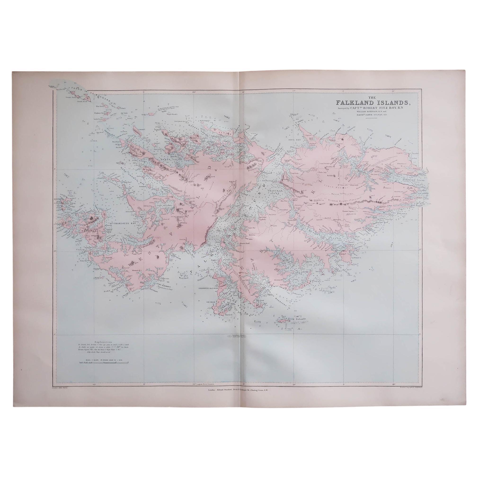 Large Original Antique Map of The Falkland Islands. 1894