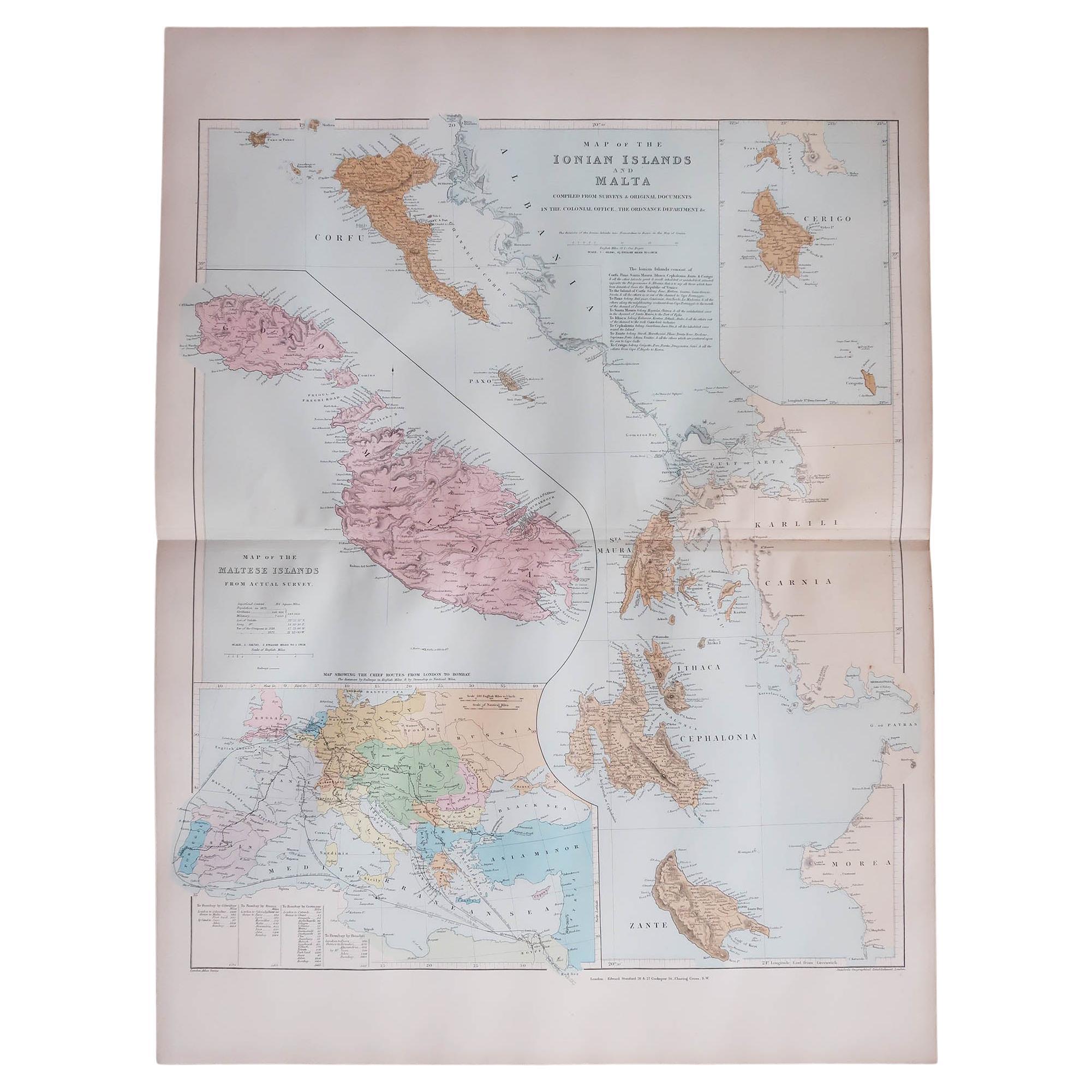 Large Original Antique Map of The Greek Islands. 1894