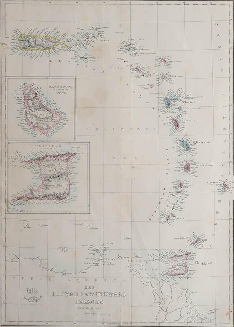 Großartige Karte der Leeward- und Windward-Inseln einschließlich Barbados

Lithografie-Stich von Edward Weller

Original Farbe

Veröffentlicht, 1861

Ungerahmt

Guter Zustand / Reparatur in der rechten unteren Ecke wie im letzten Bild gezeigt 



 
 