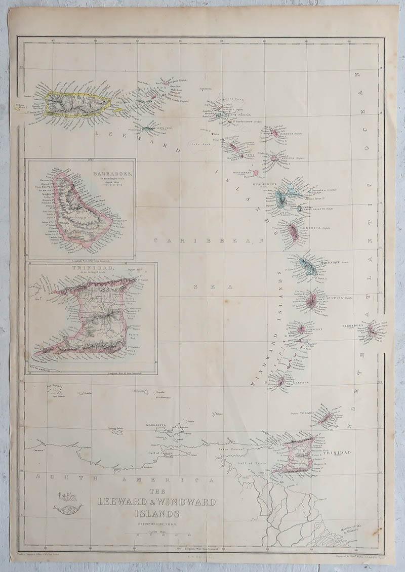 Große Original-Antike Karte der Leeward- und Windward-Inseln. 1861 (Viktorianisch)