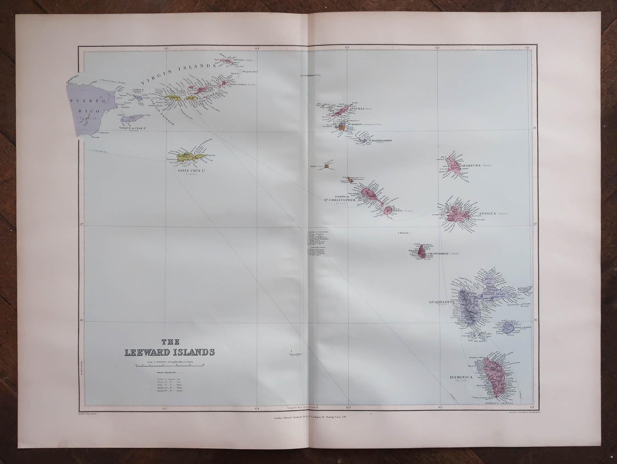 Superb Antique map of The Leeward Islands

Published Edward Stanford, Charing Cross, London 1894

Original colour

Good condition

Unframed.

Free shipping








