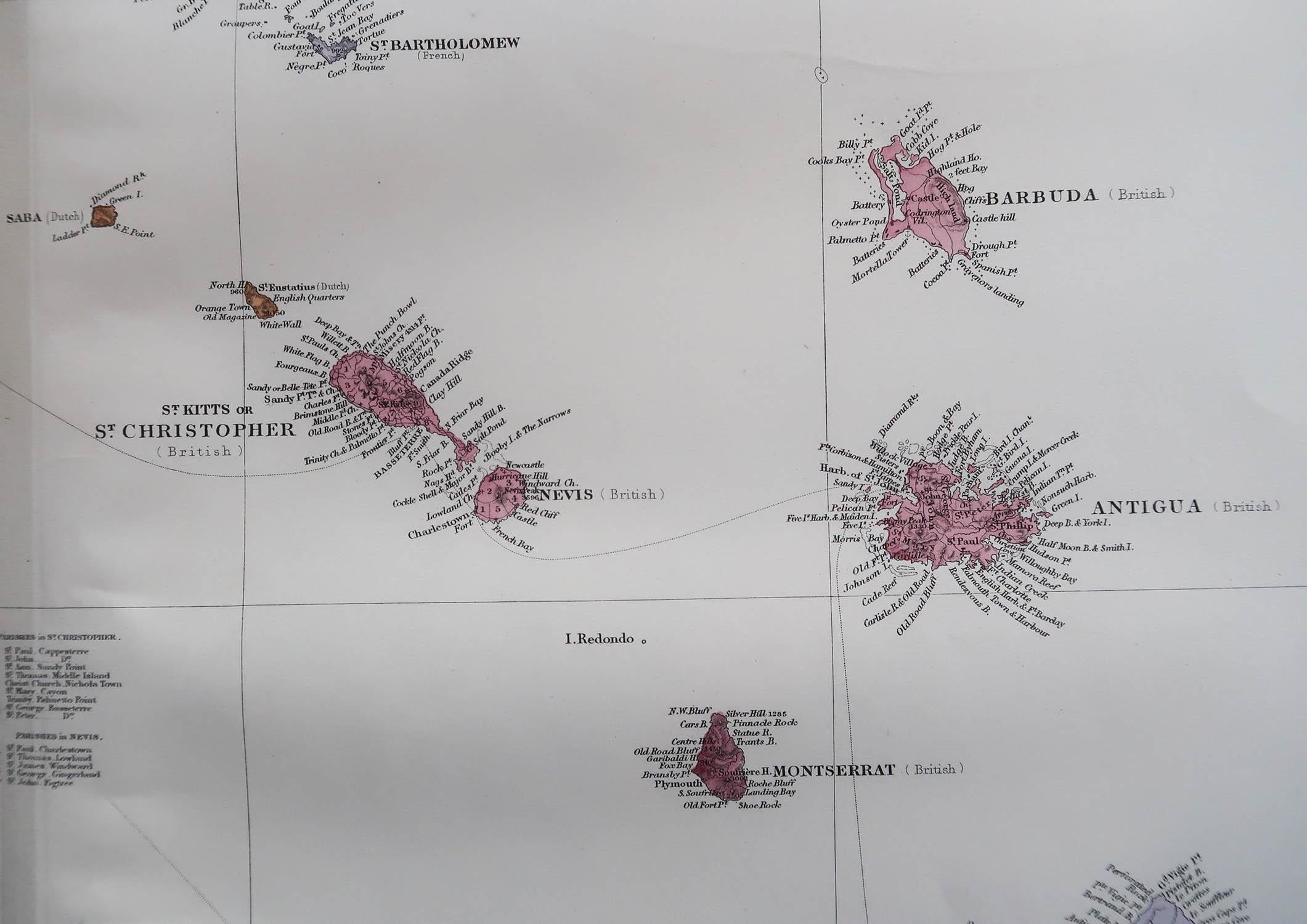 Other Large Original Antique Map of The Leeward Islands. 1894 For Sale