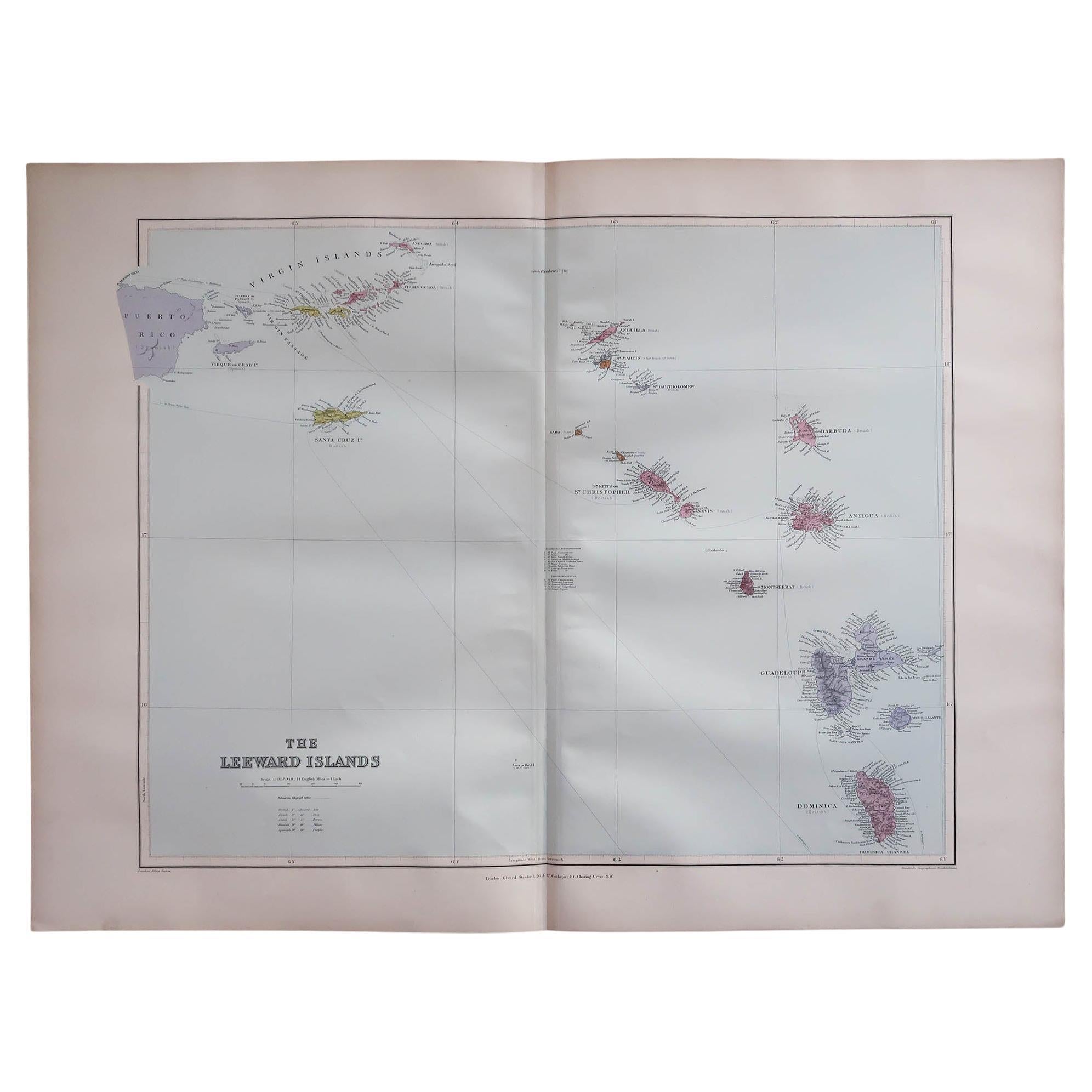 Large Original Antique Map of The Leeward Islands. 1894