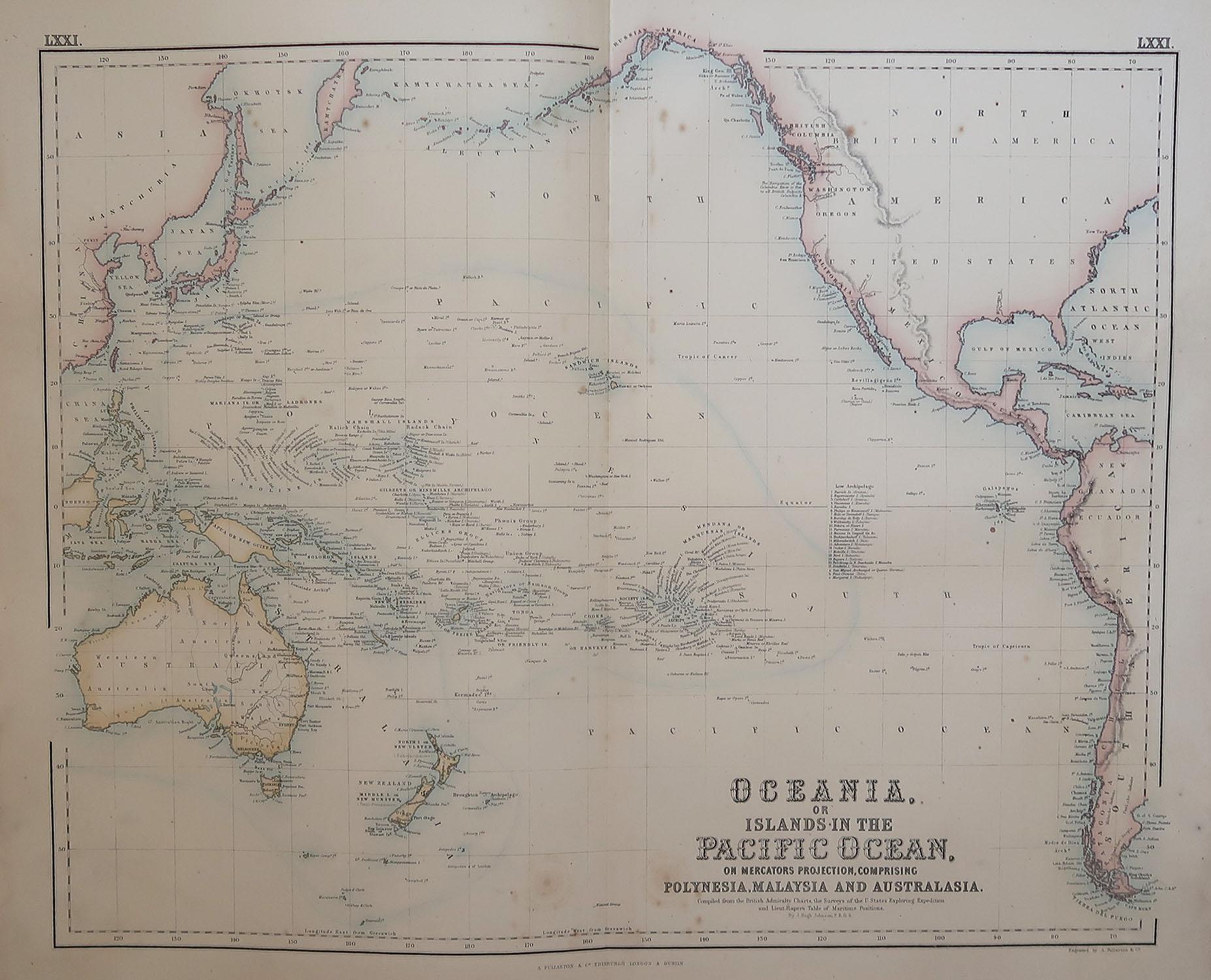 Great map of The Pacific Ocean

From the celebrated Royal Illustrated Atlas

Lithograph by Swanston. Original color. 

Published by Fullarton, Edinburgh. C.1870

Repairs to minor edge tears 

Unframed.












 