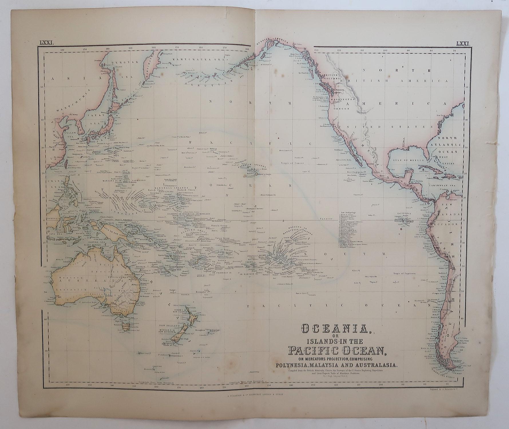 Écossais Grande carte ancienne originale de l'océan Pacifique, Fullarton, C.1870 en vente