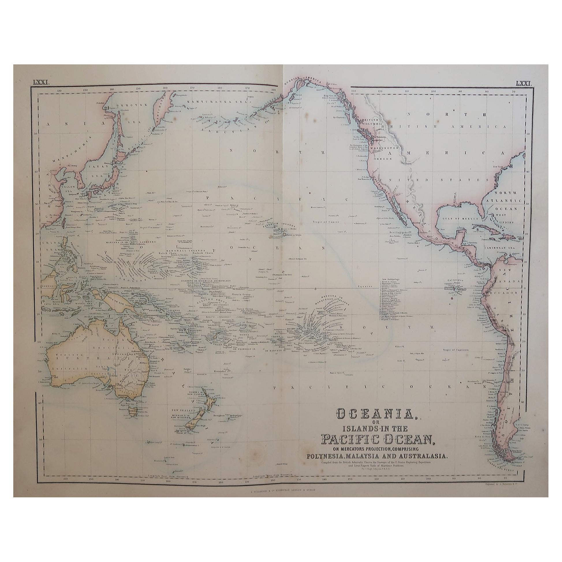 Large Original Antique Map of The Pacific Ocean, Fullarton, C.1870