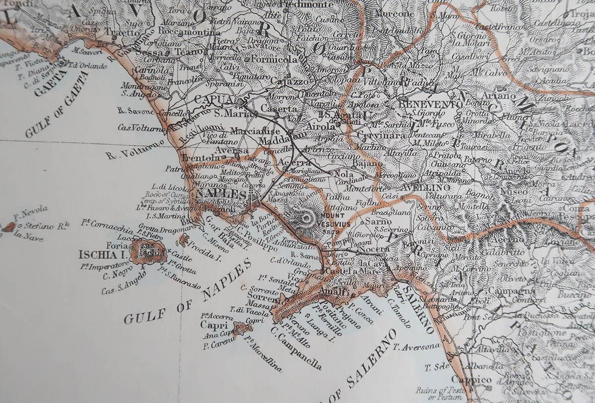 English Large Original Antique Map of The South of Italy. John Dower, 1861 For Sale