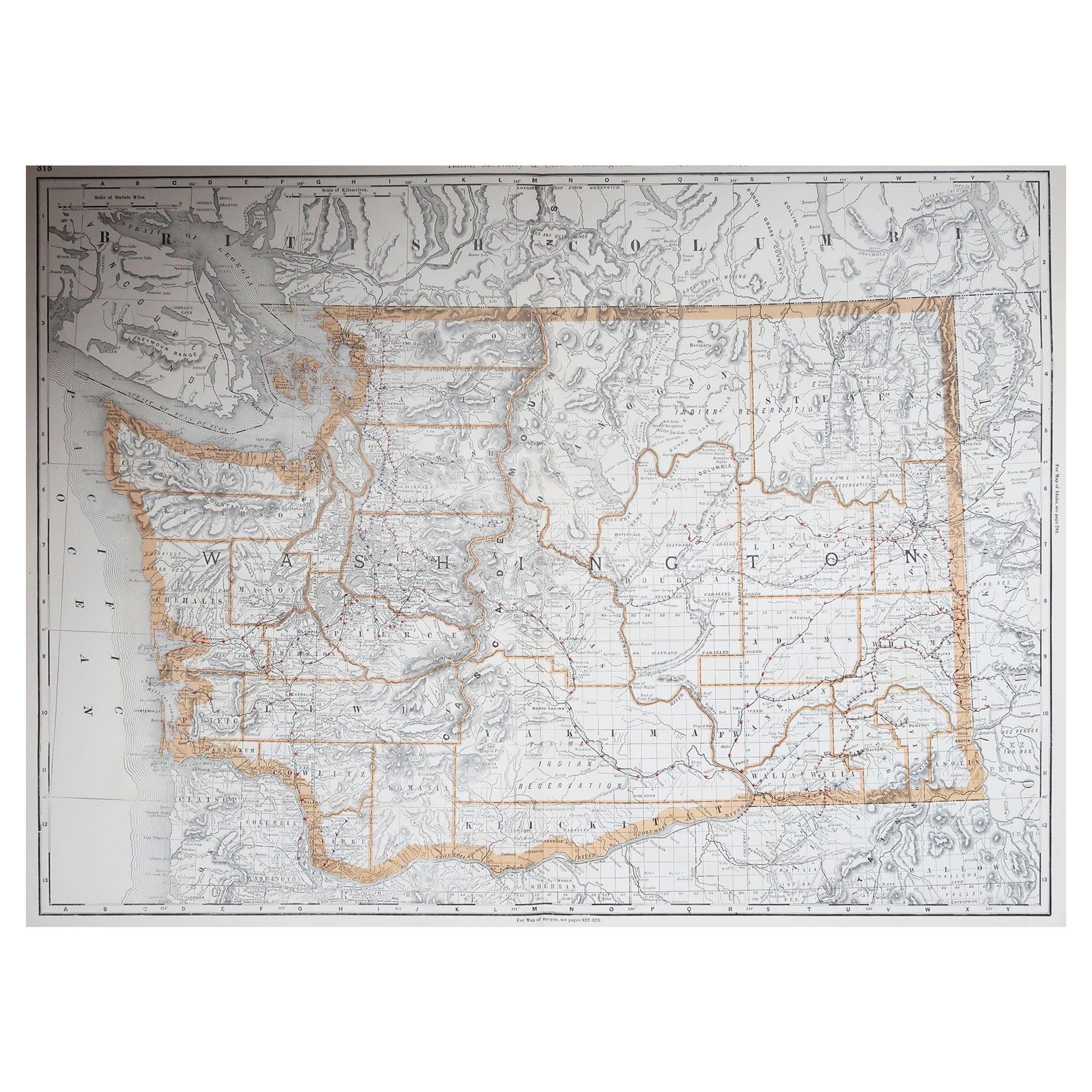 Grande carte ancienne originale de l'État de Washington, États-Unis, 1894