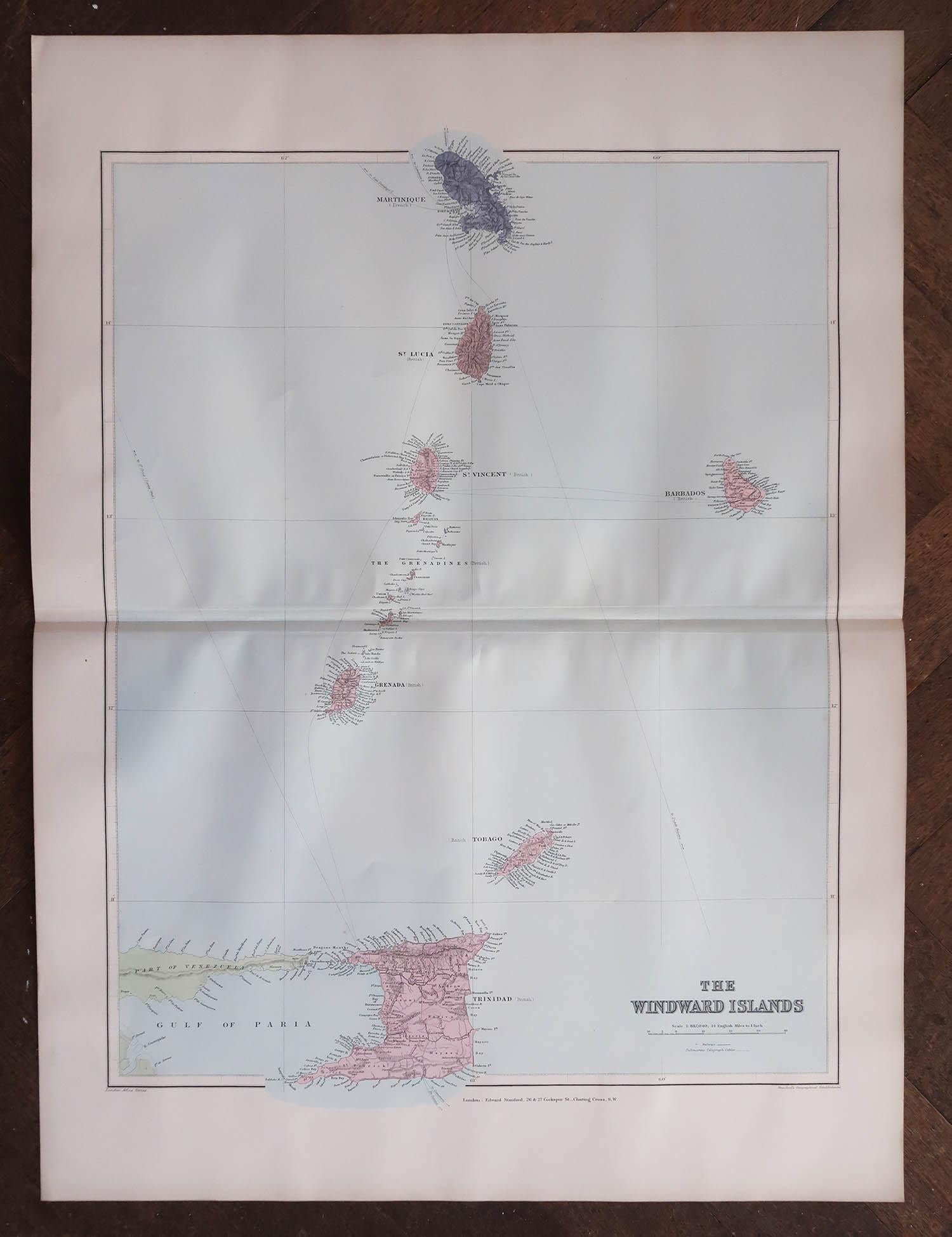 Superb Antique map of The Windward Islands

Published Edward Stanford, Charing Cross, London 1894

Original colour

Good condition

Unframed.

Free shipping








