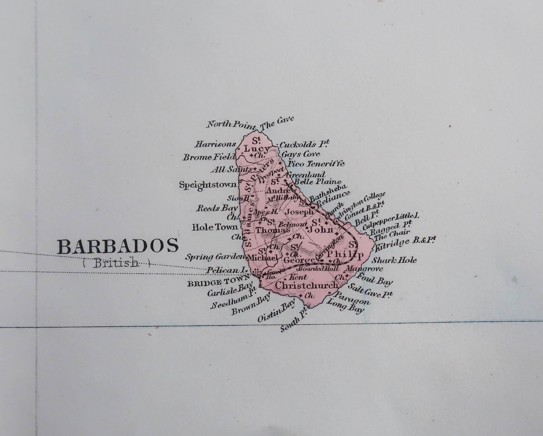 English Large Original Antique Map of the The Windward Islands. 1894 For Sale