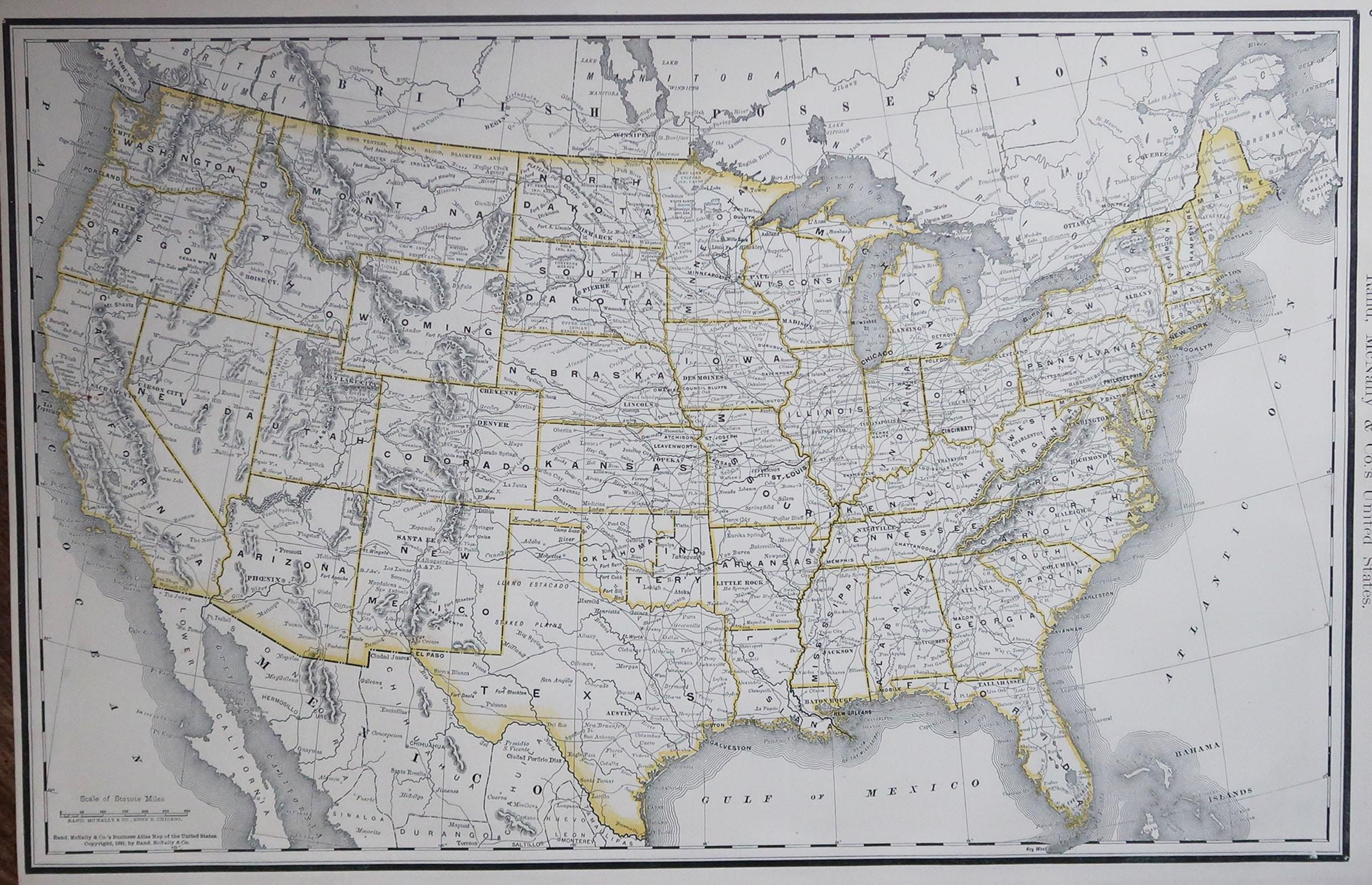 Fabulous map of The United States

Original color

By Rand, McNally & Co.

Dated 1891

Unframed

Free shipping.