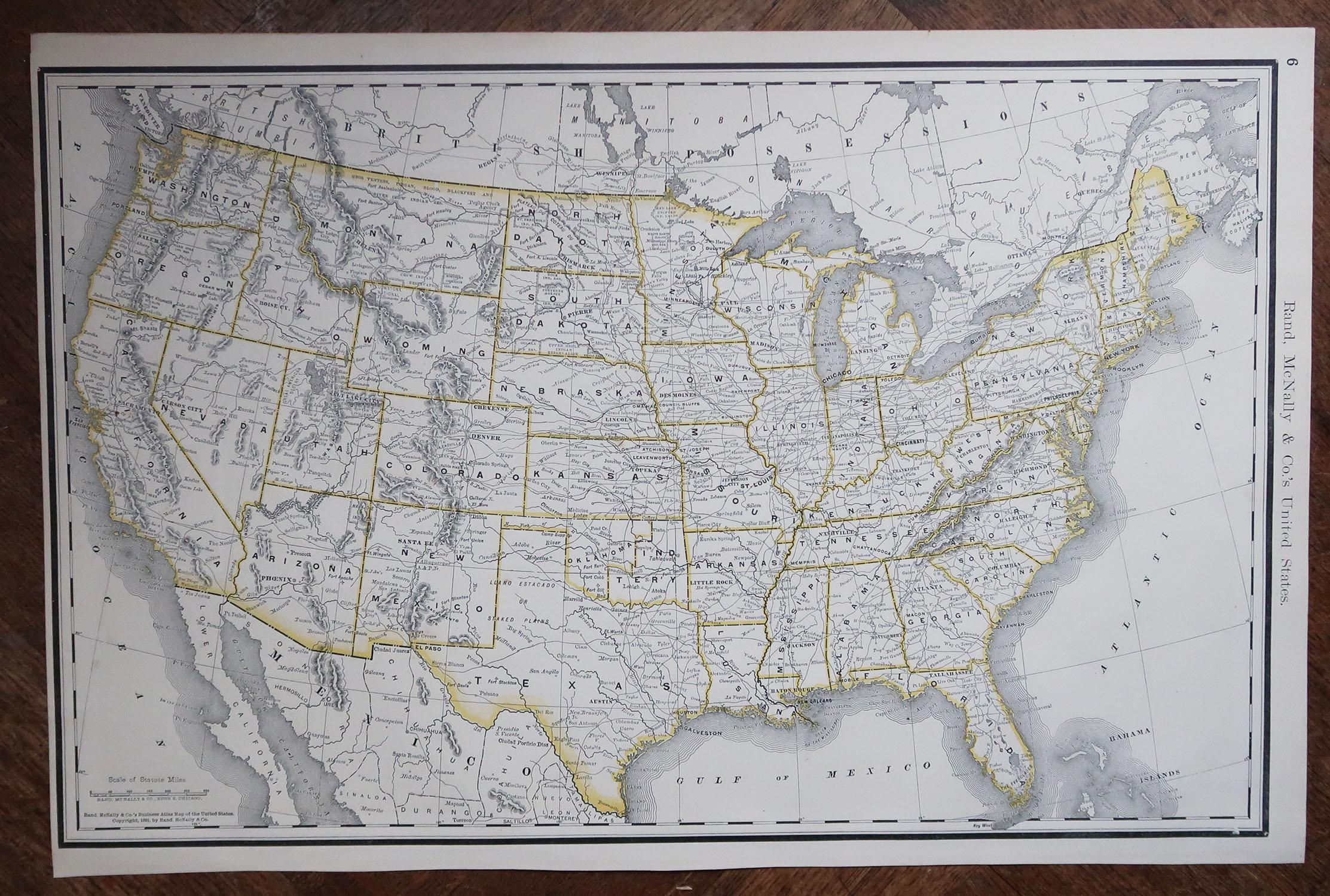 Américain Grande carte ancienne originale des États-Unis d'Amérique. 1891 en vente