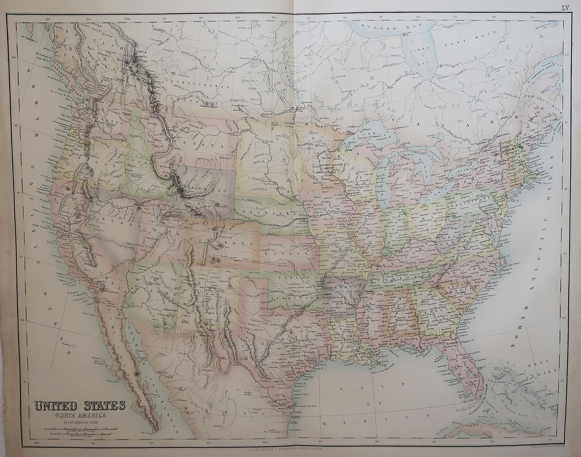 Great map of The United States

From the celebrated Royal Illustrated Atlas

Lithograph by Swanston. Original color. 

Published by Fullarton, Edinburgh, C.1870

Repairs to minor edge tears

Unframed.












