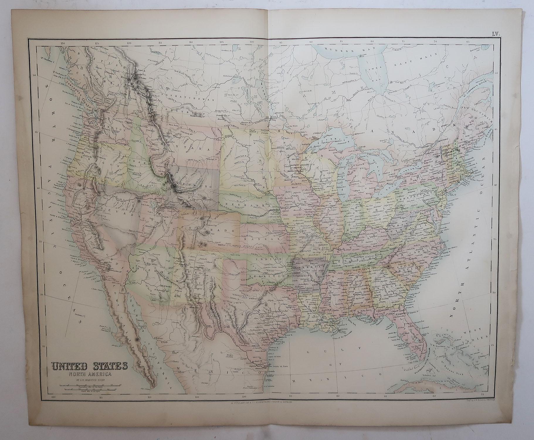 Scottish Large Original Antique Map of The United States of America, Fullarton, C.1870