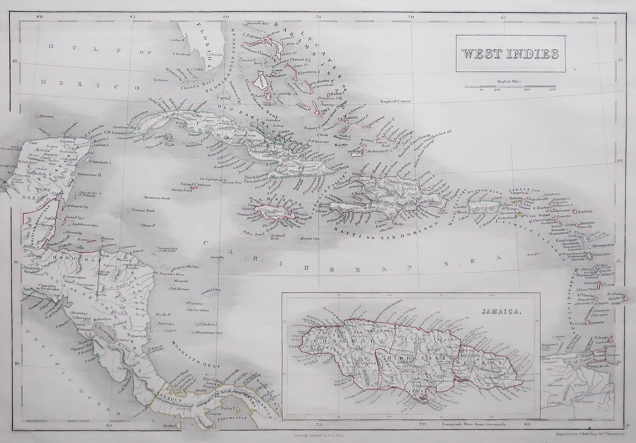 Great map of The West Indies

Drawn and engraved by Sidney Hall

Steel engraving 

Original colour outline

Published by A & C Black. 1847

Unframed

Free shipping.

 