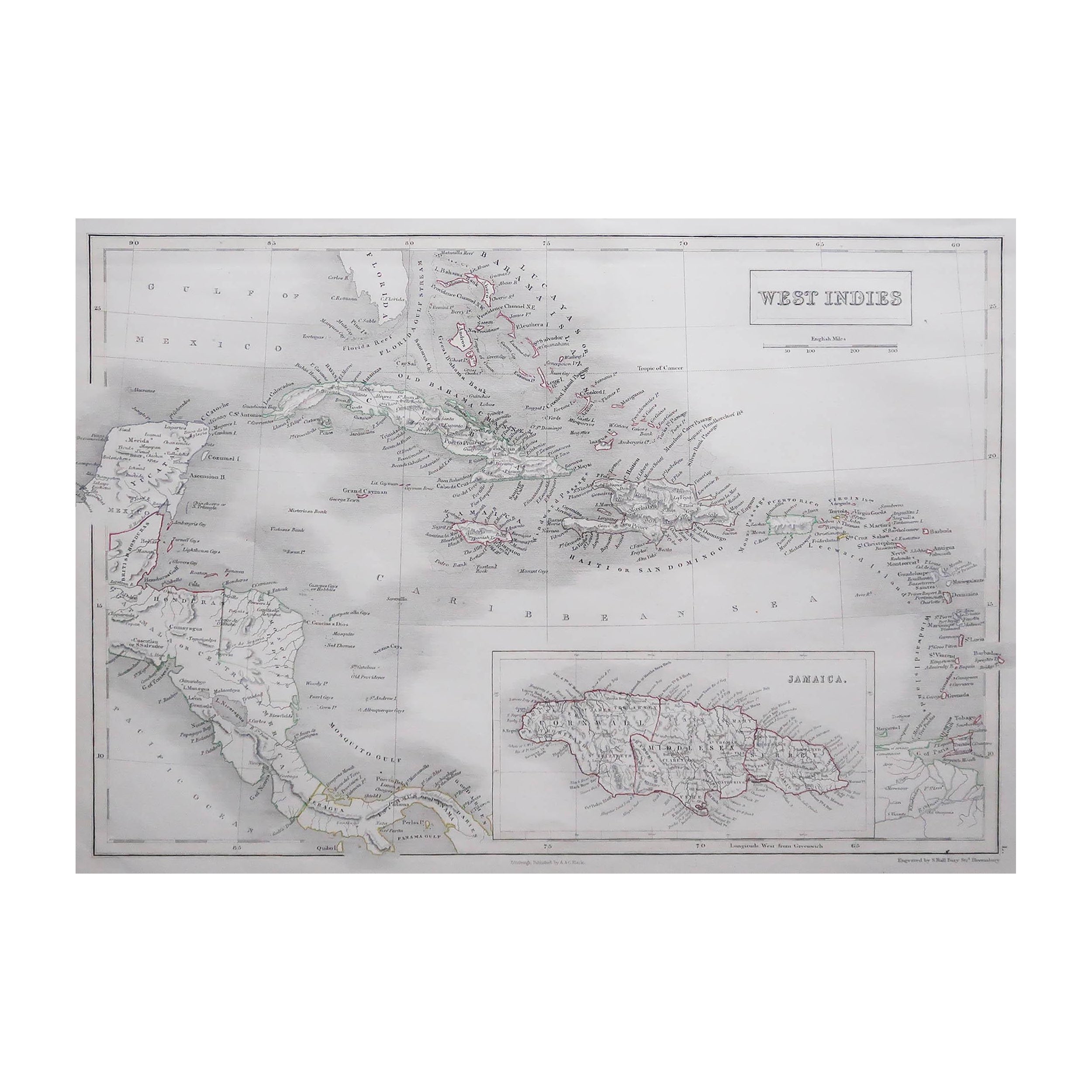 Grande carte ancienne originale des Antiquités des Indes occidentales par Sidney Hall, 1847