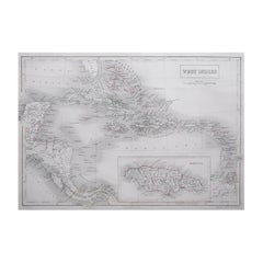 Grande mappa antica originale delle Indie Occidentali di Sidney Hall, 1847