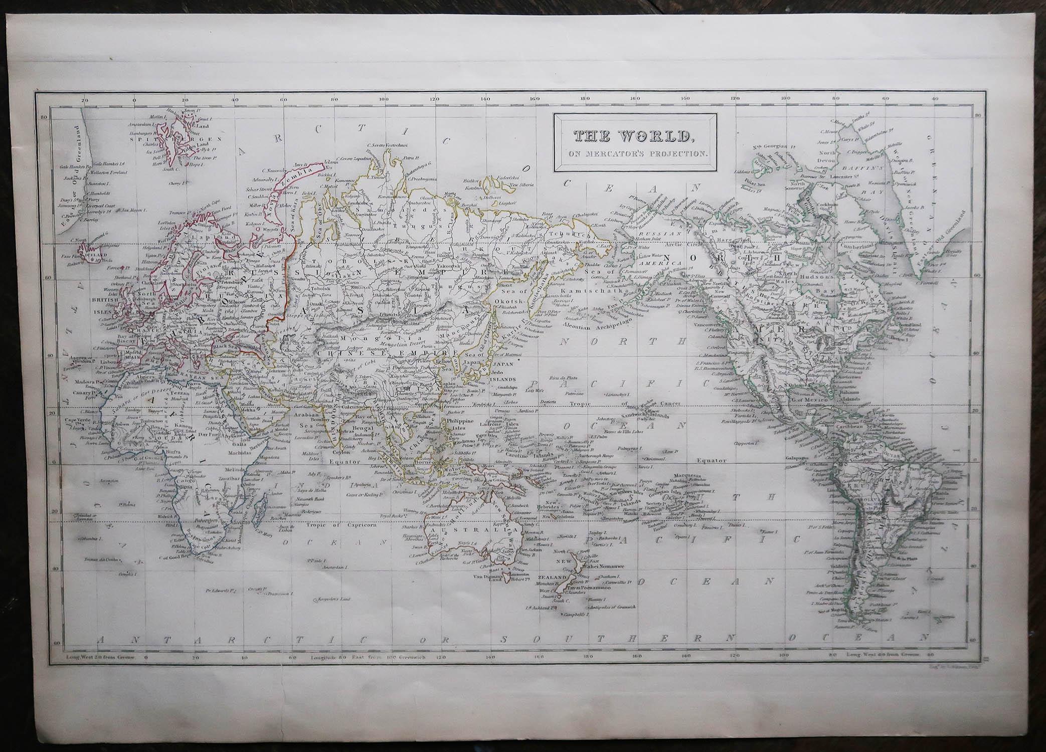 Scottish Large Original Antique Map of the World by Sidney Hall, 1847