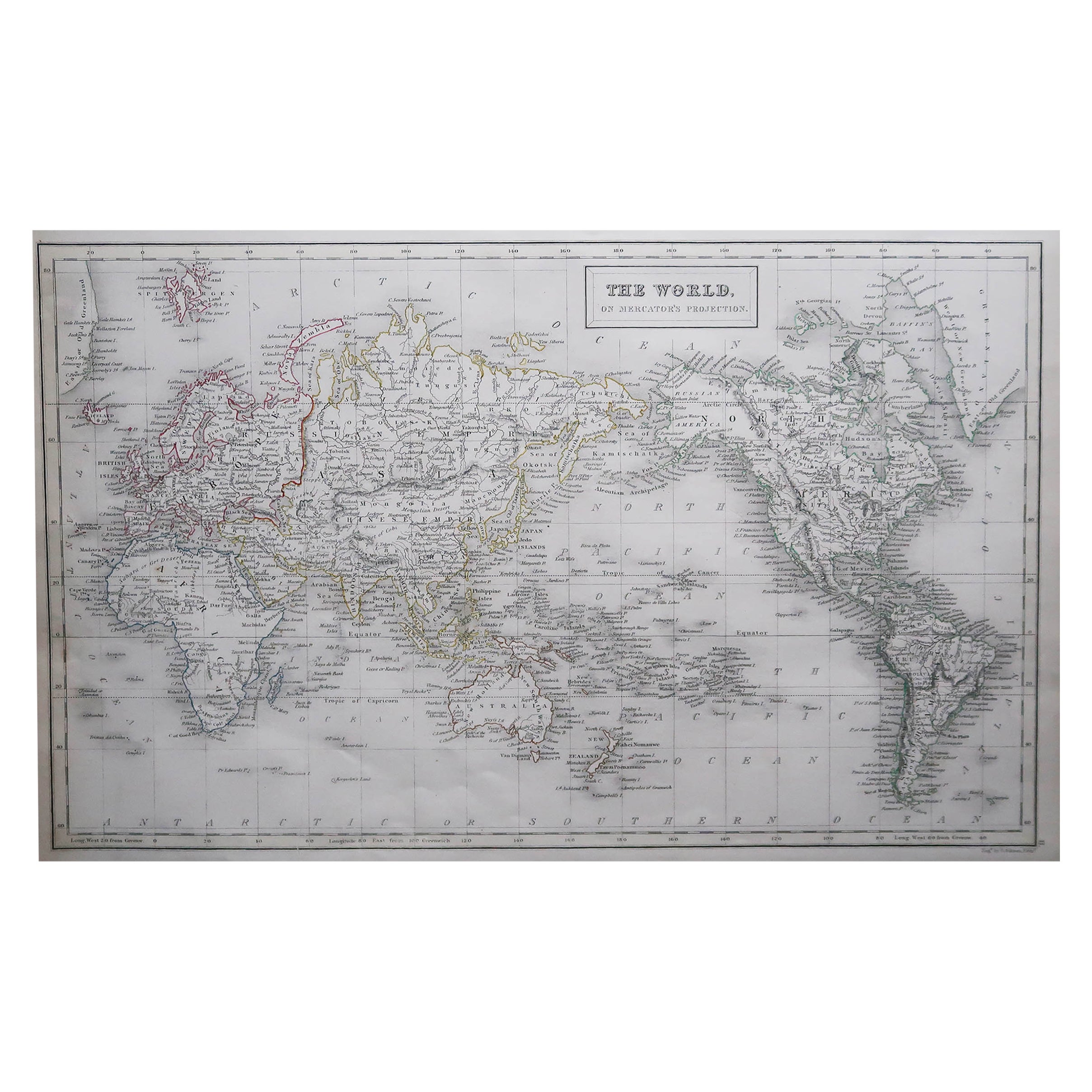 Large Original Antique Map of the World by Sidney Hall, 1847