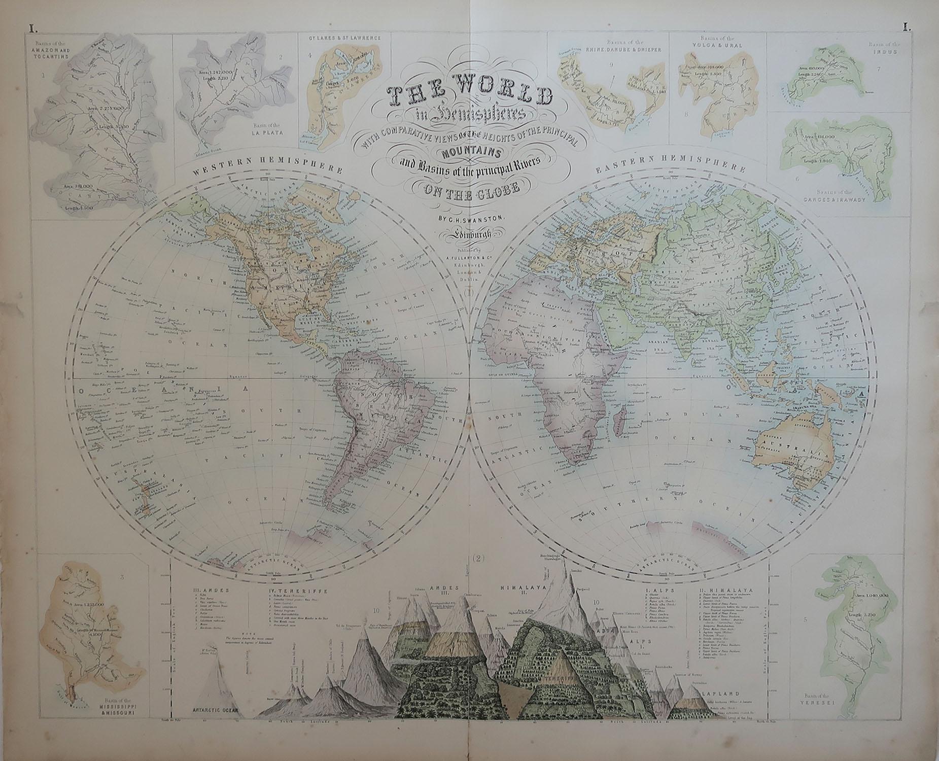 Great map of the World. Showing both hemispheres

From the celebrated Royal Illustrated Atlas

Lithograph. Original color. 

Published by Fullarton, Edinburgh, C.1870

Unframed.












