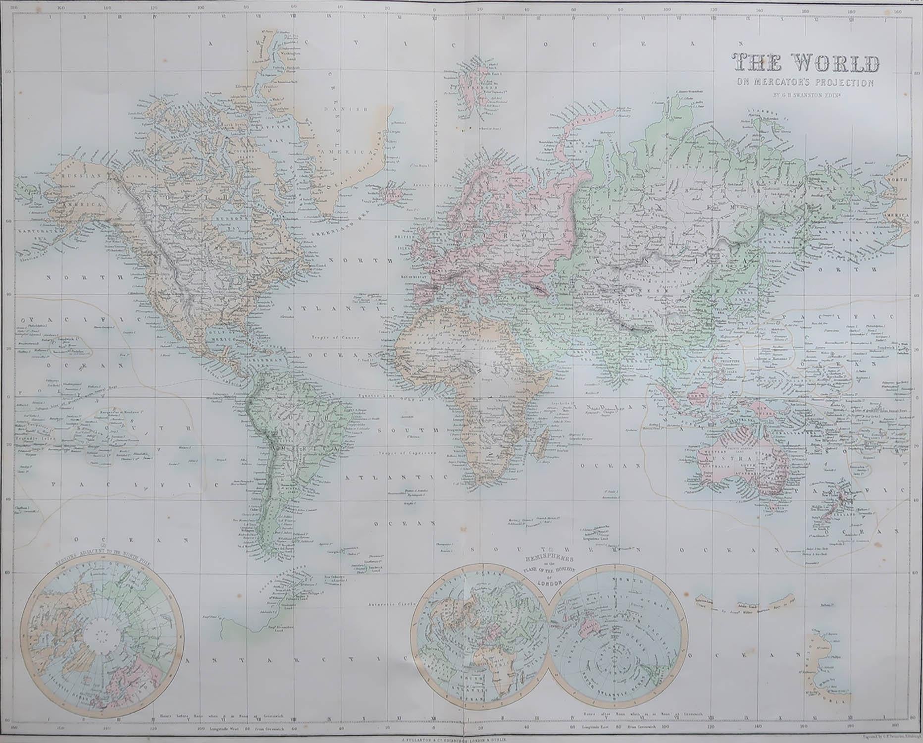 Great map of the World.
From the celebrated Royal Illustrated Atlas
Lithograph. Original color.
Published by Fullarton, Edinburgh, circa 1870.
Unframed.