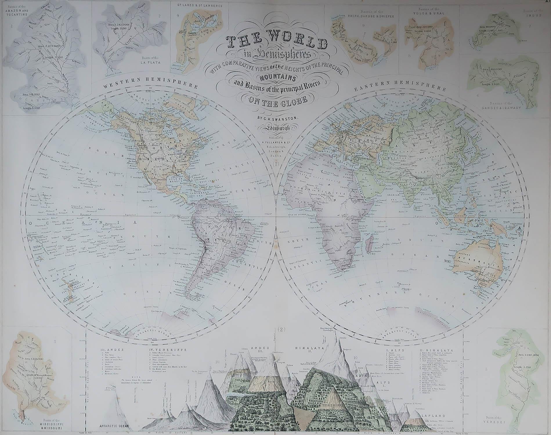 Superbe carte du monde. Montrer les deux hémisphères

Extrait du célèbre Royal Illustrated Atlas

Lithographie. Couleur originale. 

Publié par Fullarton, Edinburgh, C.1870.

Non encadré.

Réparation d'une fente dans la partie inférieure du pli