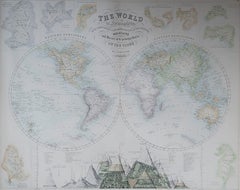 Grande mappa antica originale del mondo, Fullarton, 1870 ca.