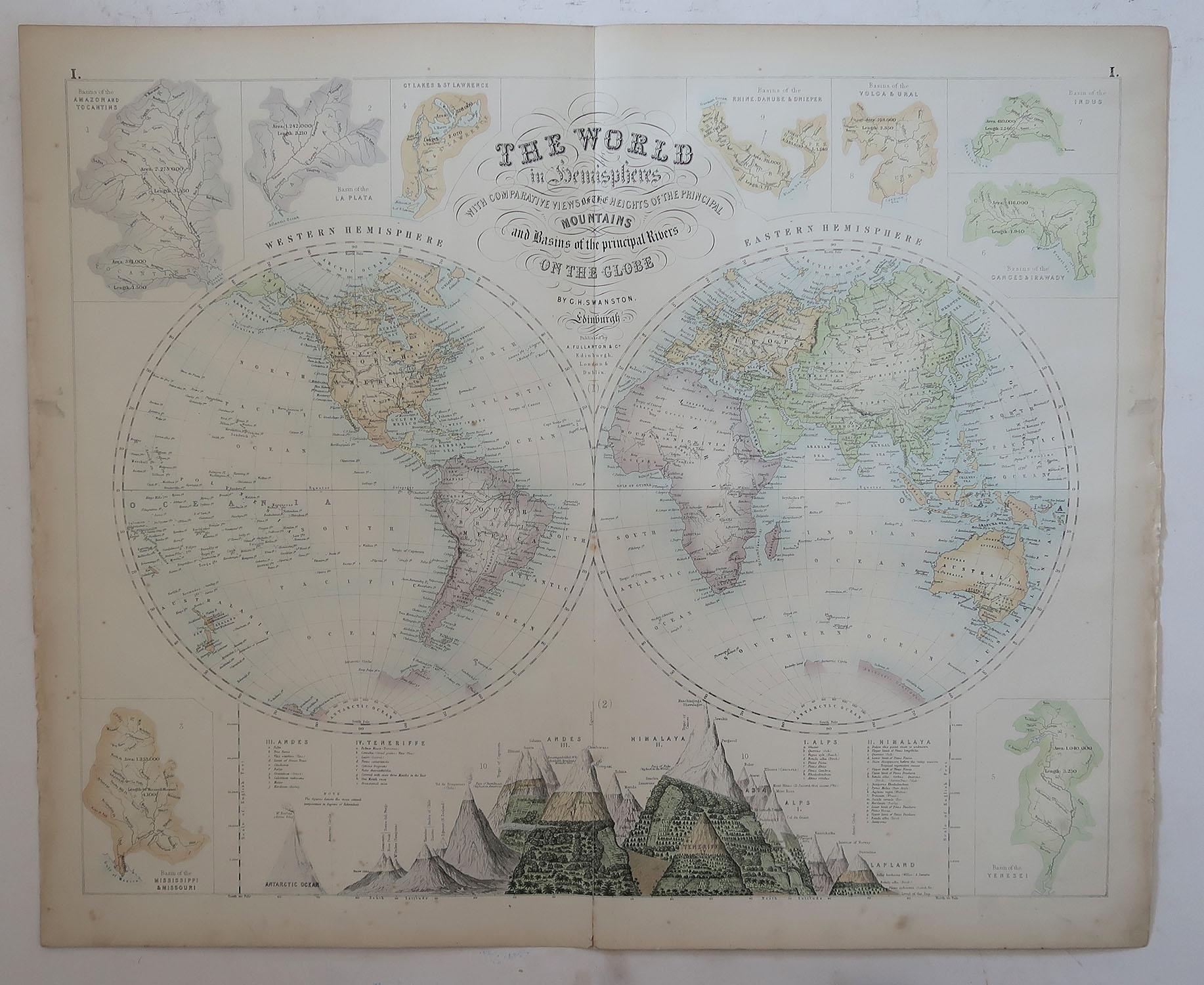 Scottish Large Original Antique Map of The World, Fullarton, C.1870